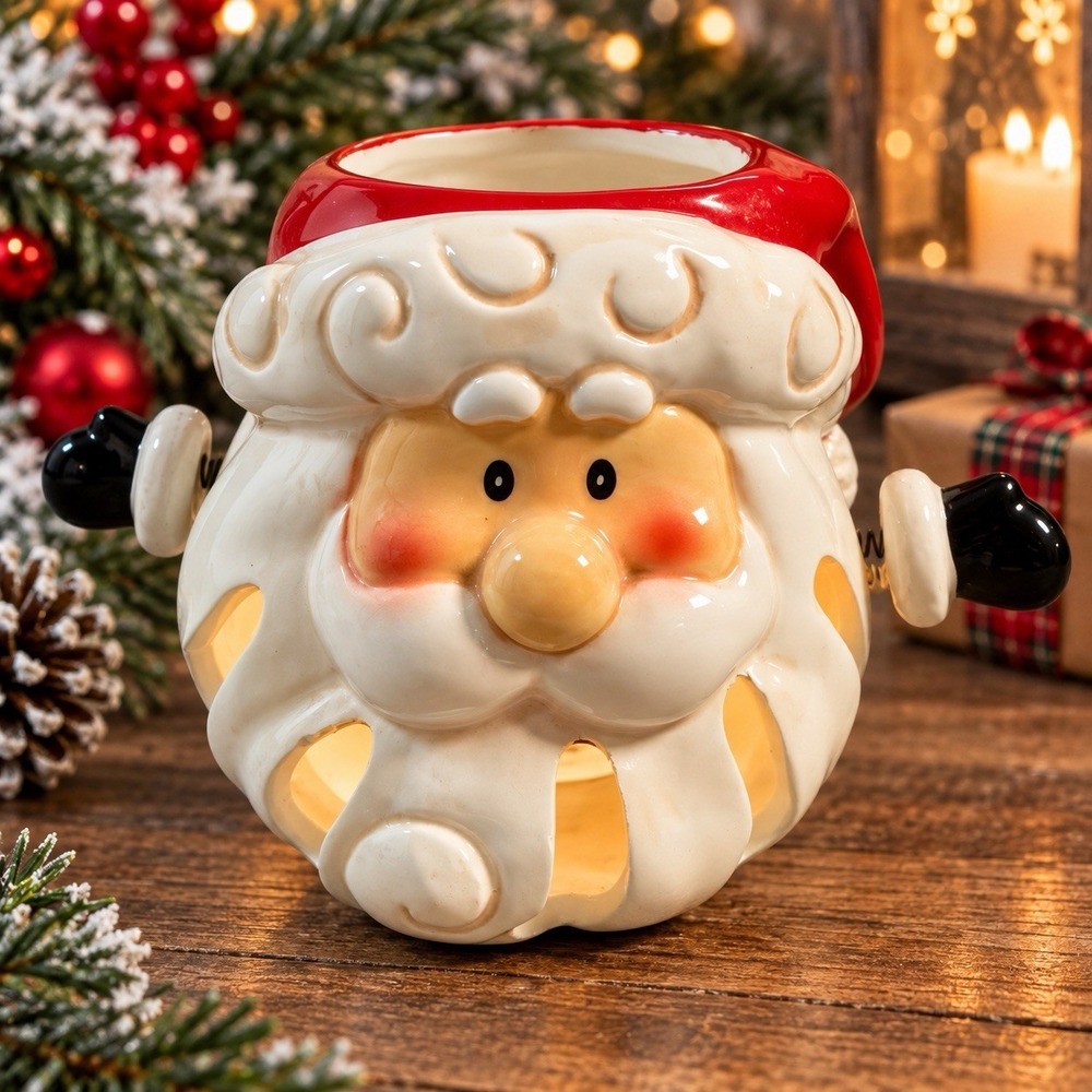 Ceramic Santa Tea Light Candle Holder Luminary Christmas Decor 5" Cutout Beard